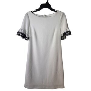 ELLE White Textured A-Line Dress with Black Crochet Ruffle Sleeve Women's XS